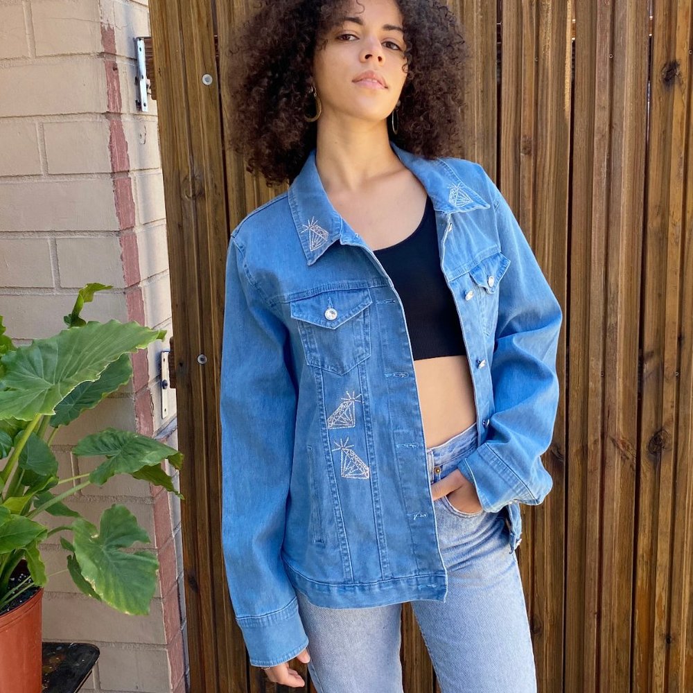 90s Denim Jean Jacket with Crystals Detailing XL